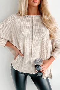 Apricot Waffle Knit Splits Batwing Sleeve Oversized Top