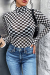 Black Checkered Printed Long Sleeve High Neck Bodysuit