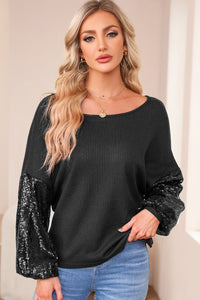 Black Sequin Patchwork Sleeve Open Back Waffle Knit Top