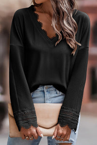 Black Ribbed Texture Lace Trim V Neck Long Sleeve Top