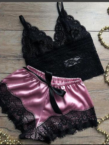 LACE TWO-PIECE SLEEPWEAR LOLY black and pink
