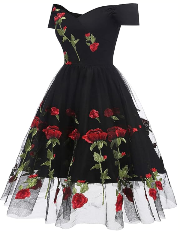 ELEGANTNÍ ŠATY FLORIA černé s růžemi