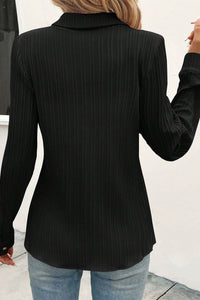 Black Solid Color Textured Buttoned Turn Down Collar Shirt