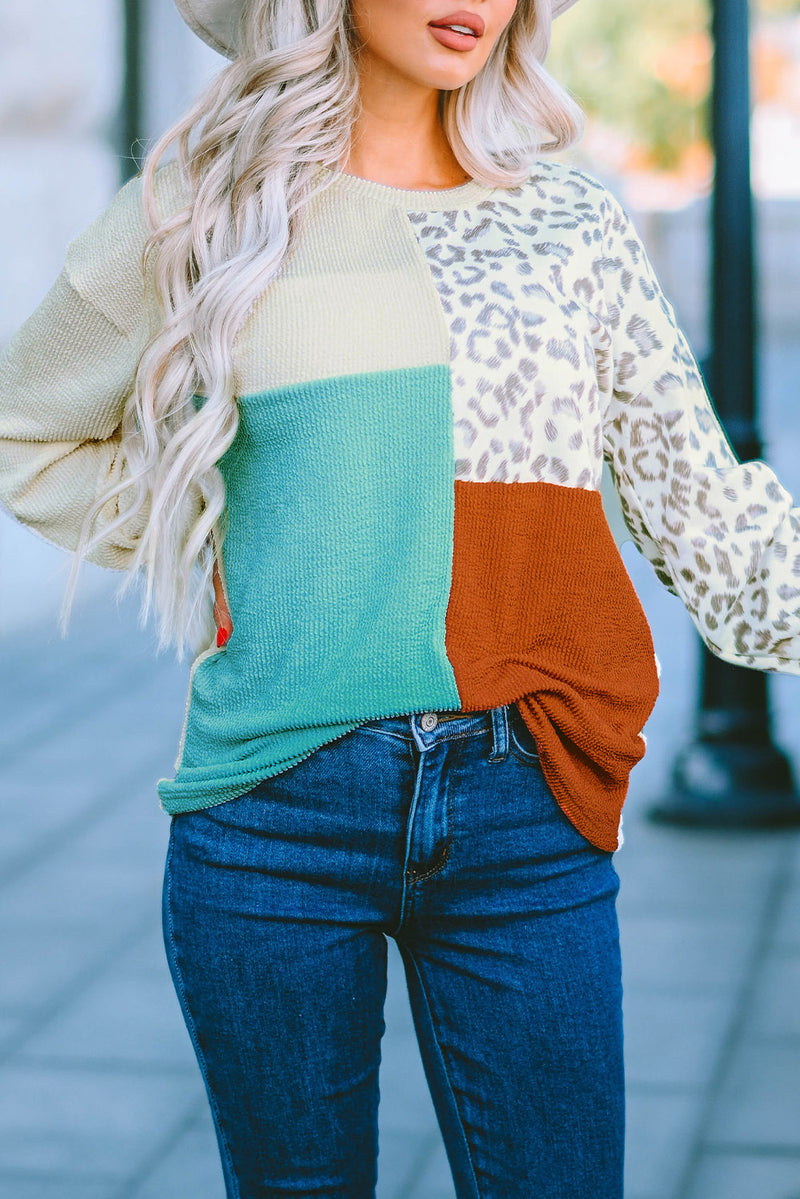 Leopard Patchwork Color Block Ribbed Long Sleeve Top