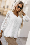 White Floral Lace Crochet Loose Fit V Neck Top